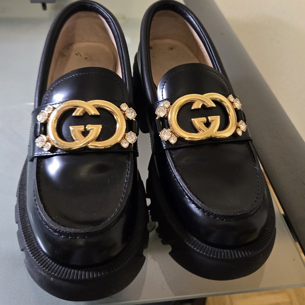 Gucci Women GG Gold Logo Chunky Heel Loafers sz 6.5